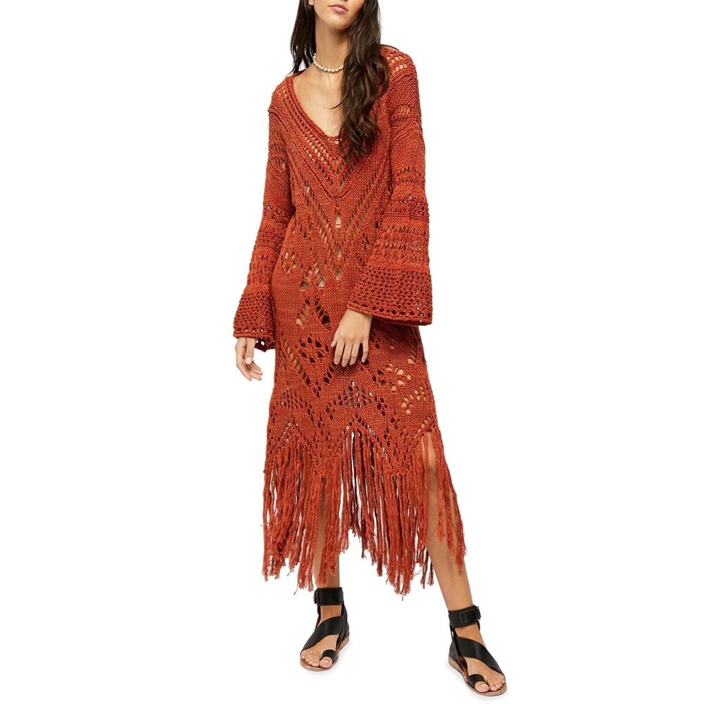 Free People Constellation Crochet Midi Sweater Dress Tunic size S Fringe Hem